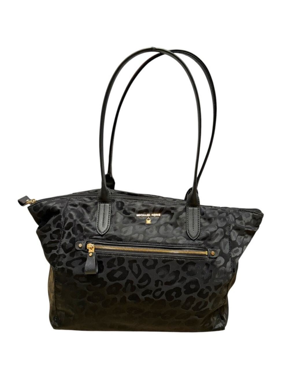 MICHAEL Michael Kors Kelsey Black Nylon Leopard Print Tote Shoulder Bag
